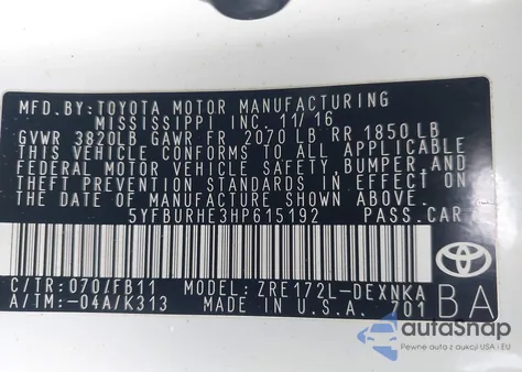 2017 Toyota Corolla Le z USA, uszkodzony, nr VIN 5YFBURHE3HP615192